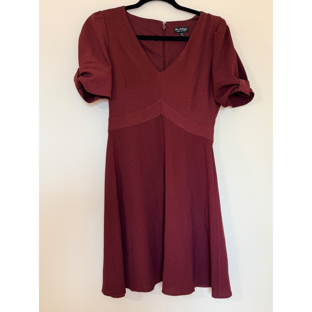 Miss Selfridge Burgundy V-Neck Fit and Flare Dress with Bow Sleeve Detail Size 6